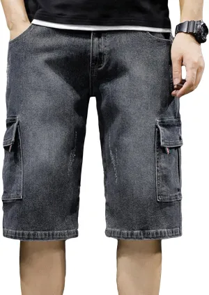 Men's Multi-Pocket Jean Half Pants Relaxed Fit Cargo Jean Shorts Male Straight Leg Denim Short