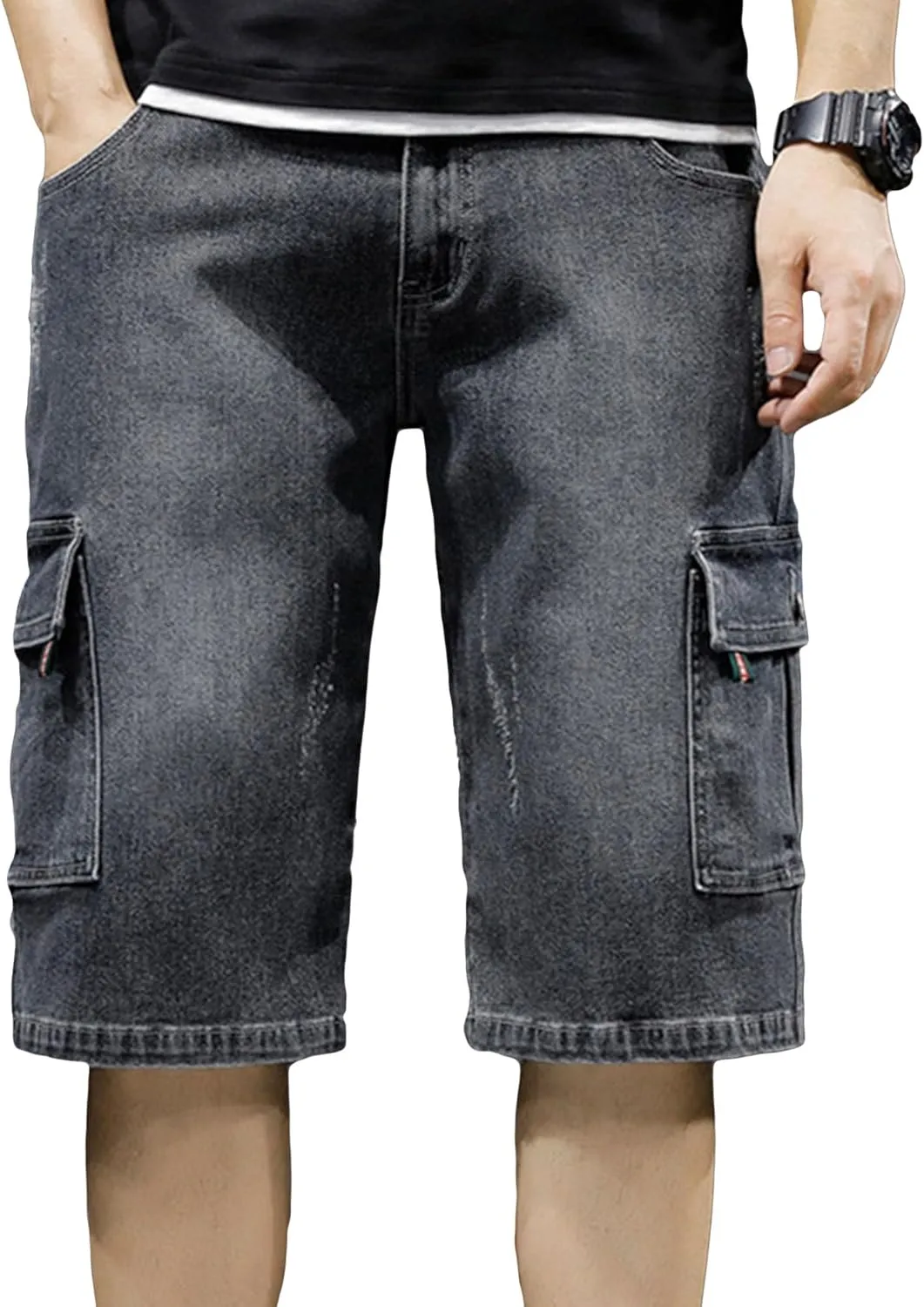 Men's Multi-Pocket Jean Half Pants Relaxed Fit Cargo Jean Shorts Male Straight Leg Denim Short