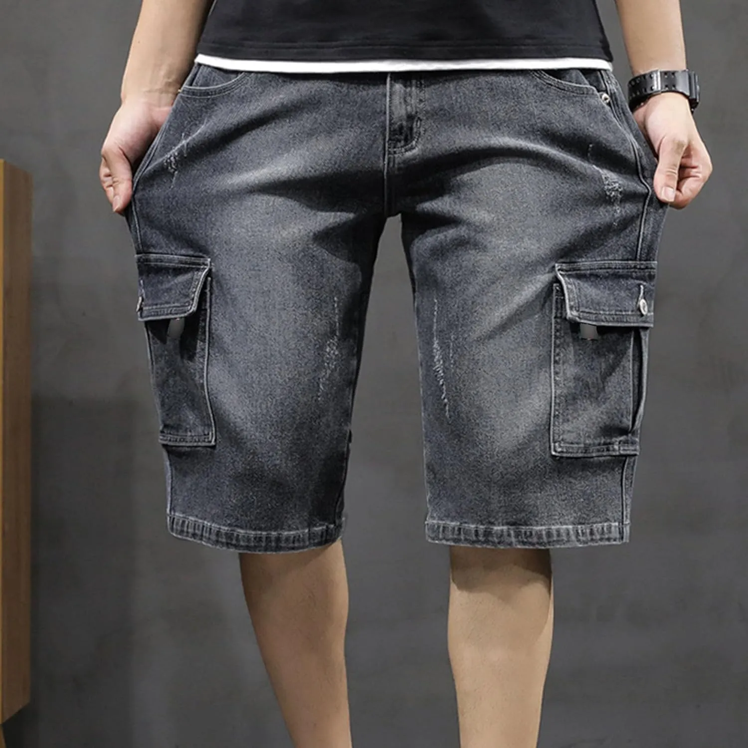 Men's Multi-Pocket Jean Half Pants Relaxed Fit Cargo Jean Shorts Male Straight Leg Denim Short