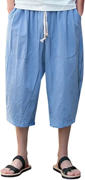 Men's Pants Relaxed Fit Wide Leg Baggy Pants Mens Summer Cotton Linen Capri Trousers Comfy Plus Size Casual Gym Pants