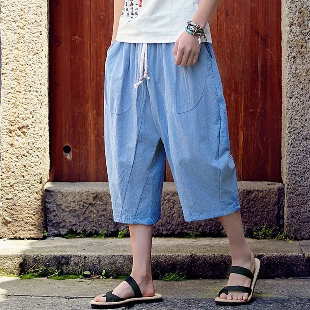 Men's Pants Relaxed Fit Wide Leg Baggy Pants Mens Summer Cotton Linen Capri Trousers Comfy Plus Size Casual Gym Pants