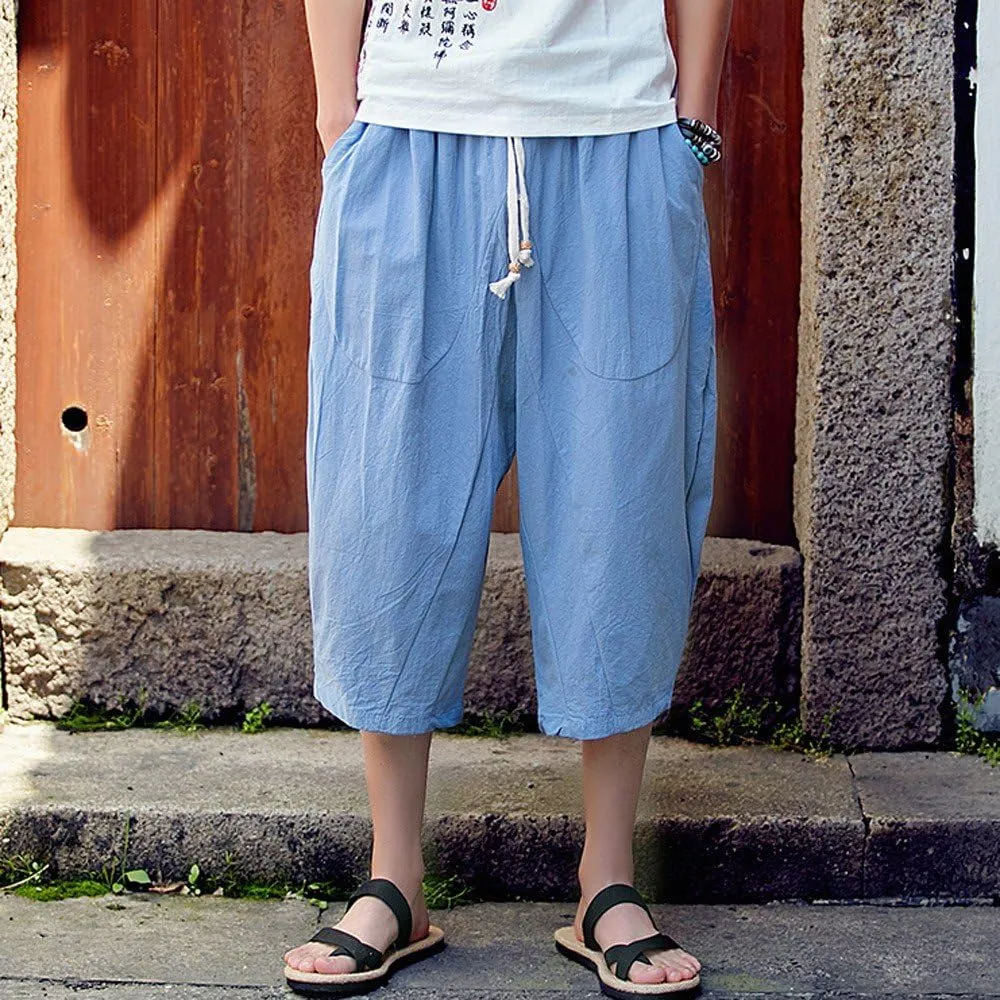 Men's Pants Relaxed Fit Wide Leg Baggy Pants Mens Summer Cotton Linen Capri Trousers Comfy Plus Size Casual Gym Pants
