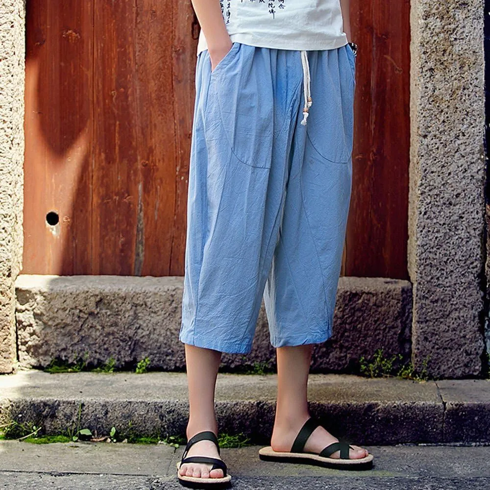 Men's Pants Relaxed Fit Wide Leg Baggy Pants Mens Summer Cotton Linen Capri Trousers Comfy Plus Size Casual Gym Pants