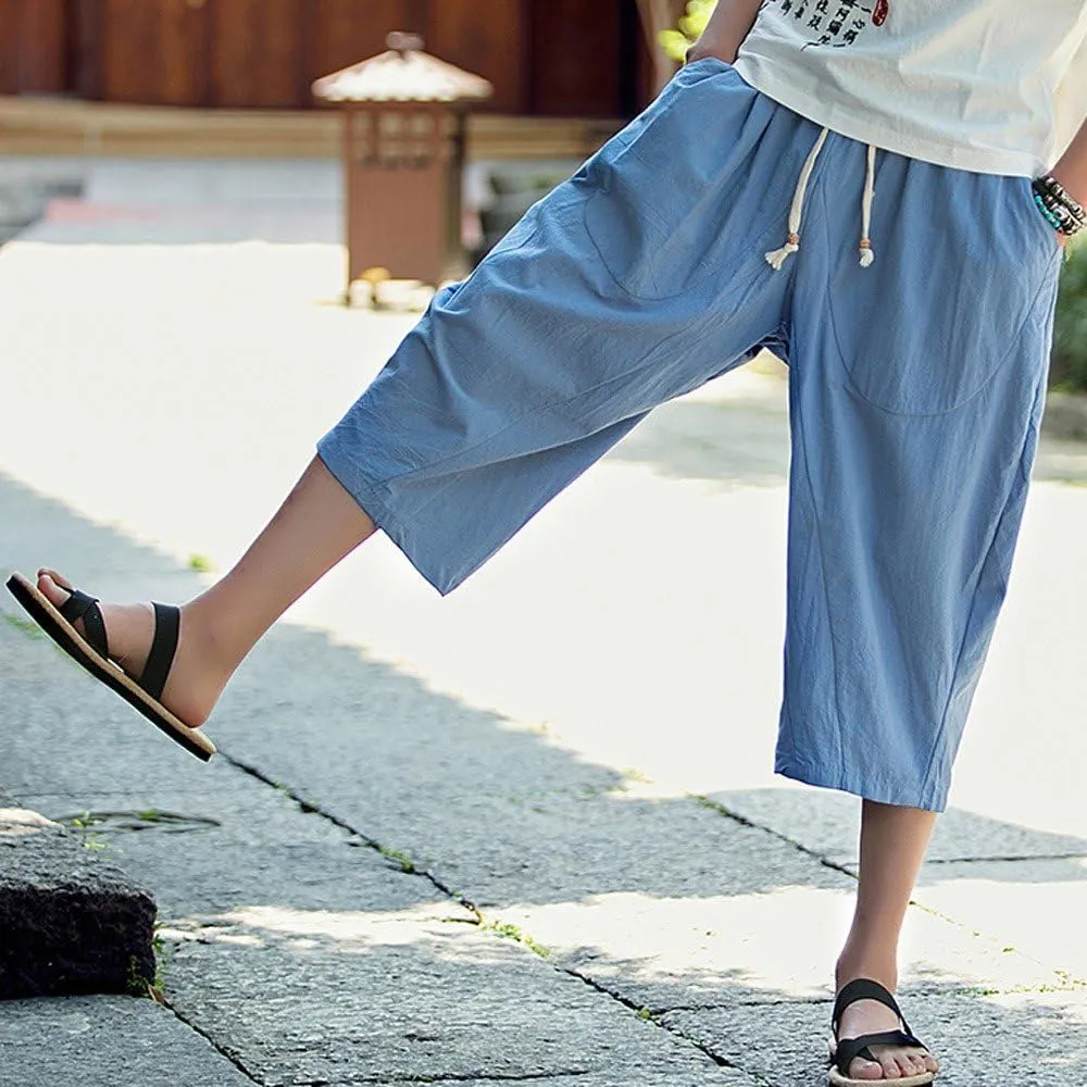 Men's Pants Relaxed Fit Wide Leg Baggy Pants Mens Summer Cotton Linen Capri Trousers Comfy Plus Size Casual Gym Pants