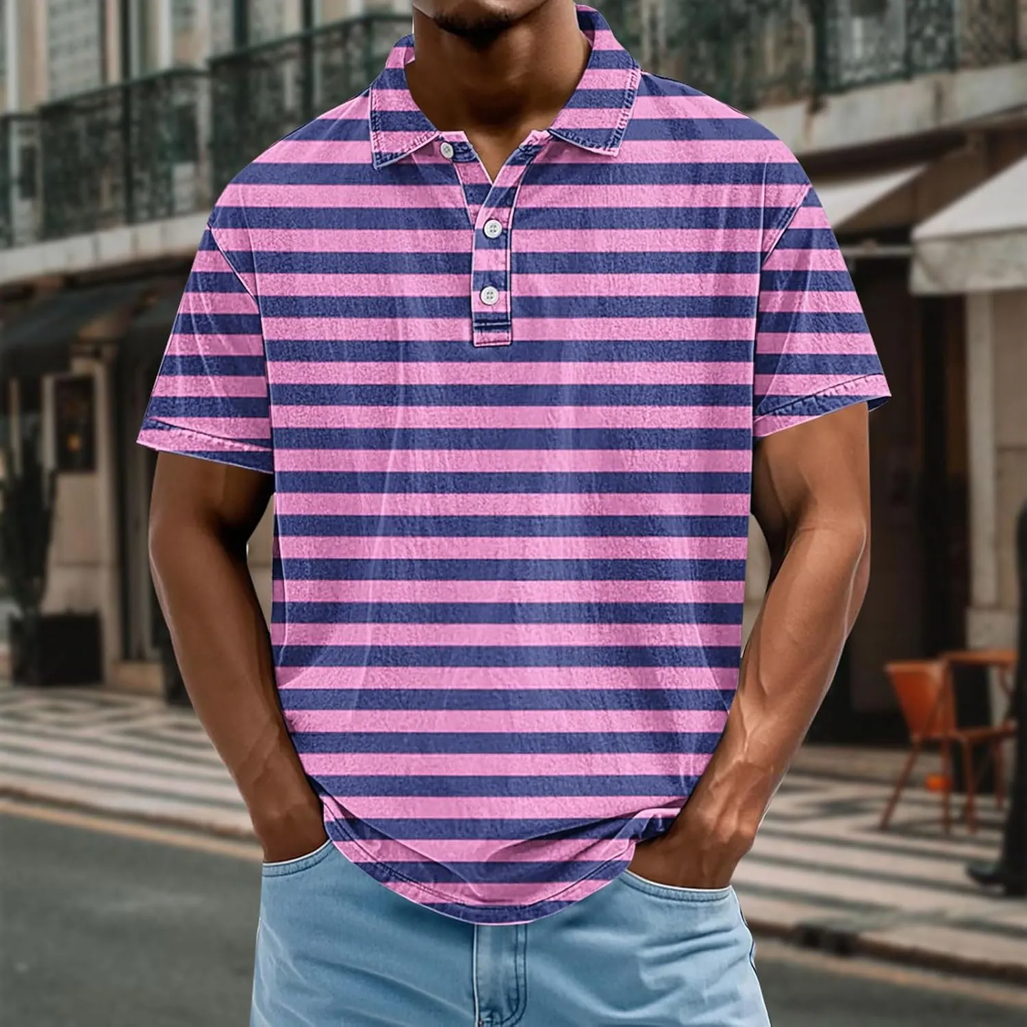 Mens Polo Shirts Short Sleeve Plus Size Striped Golf Tshirt Short Sleeve Vacation Casual Collar Tee Summer V Neck Top