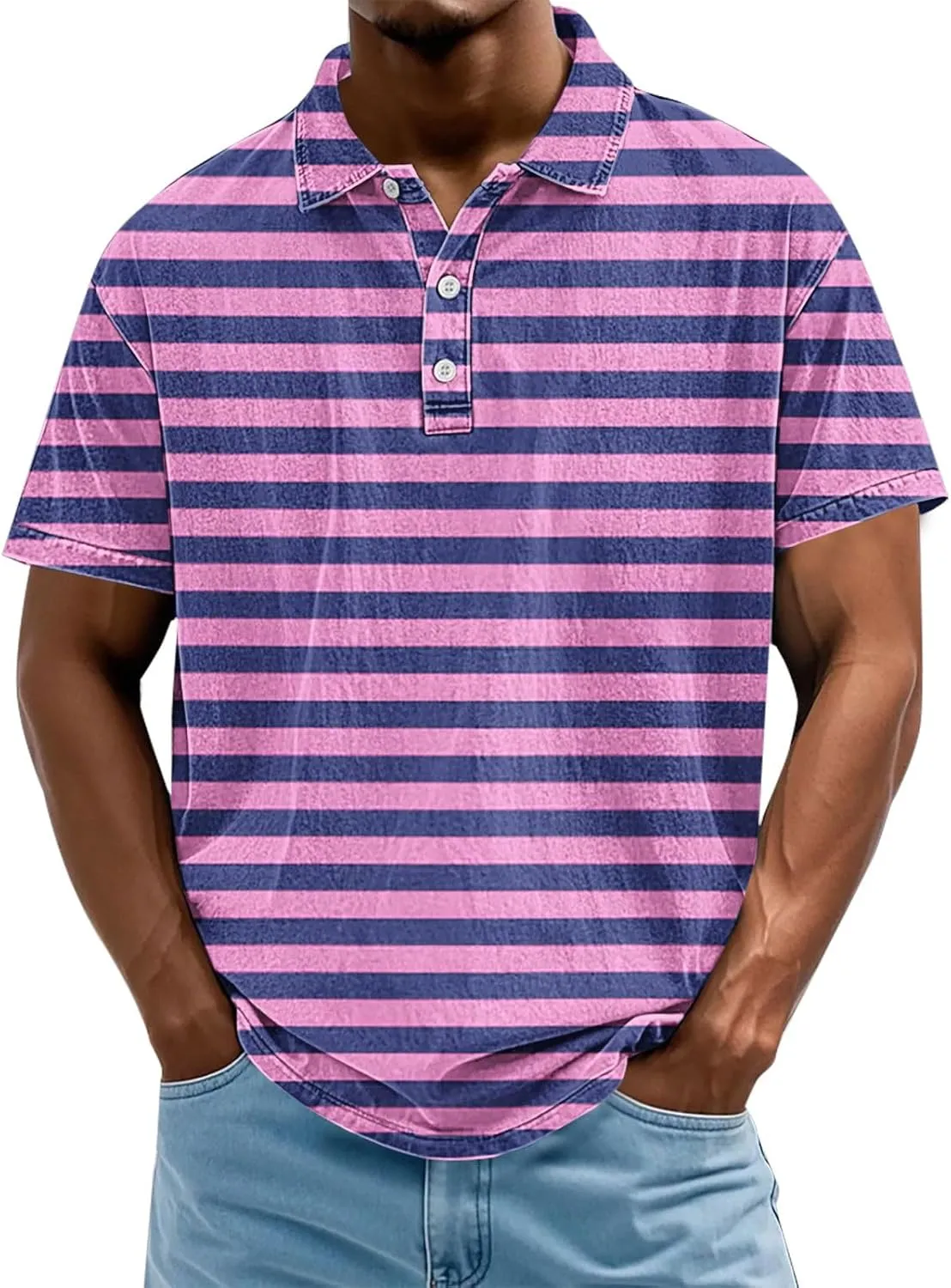 Mens Polo Shirts Short Sleeve Plus Size Striped Golf Tshirt Short Sleeve Vacation Casual Collar Tee Summer V Neck Top