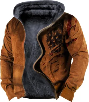 Men's Sherpa Lined Hooded Vintage Fleece Jacket Aztec Graphic Hoodies Winter Coats Plus Size Zipper Outwear with Pocket