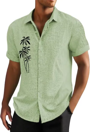 Mens Short Sleeve Button Down Shirts Retro Tropical Palm Print Summer Hawaiian Shirt Quick Dry Beach Vacation Tops