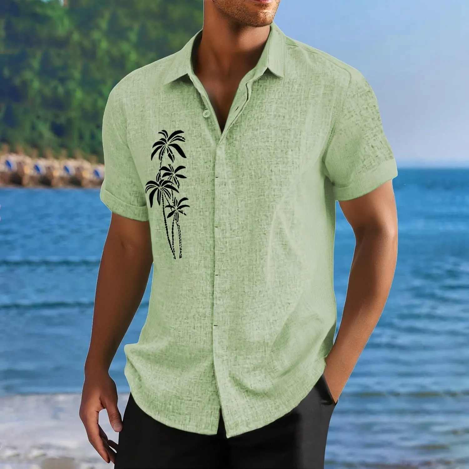 Mens Short Sleeve Button Down Shirts Retro Tropical Palm Print Summer Hawaiian Shirt Quick Dry Beach Vacation Tops