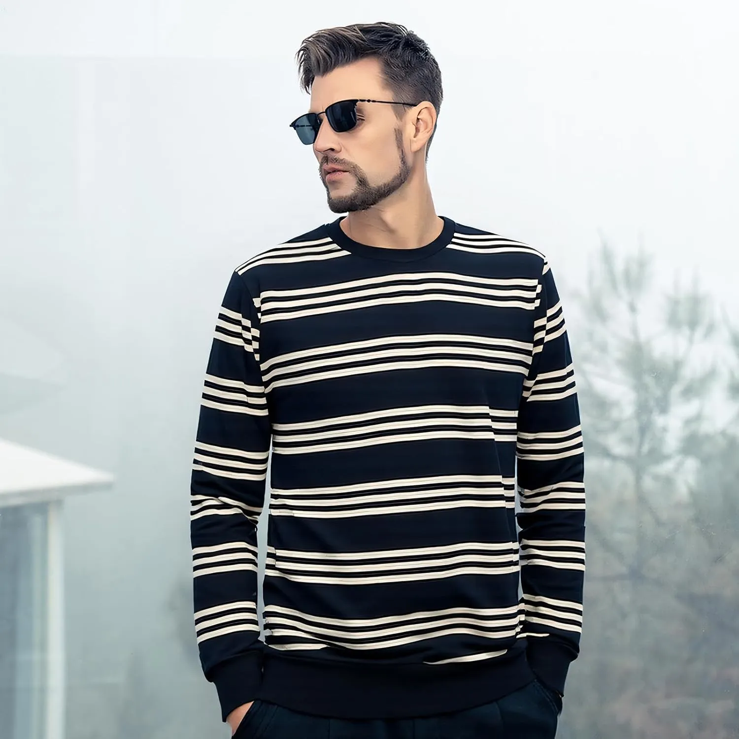 Men's Striped Long Sleeved T-Shirt, Casual Round Neck Long Sleeved Top, Regular-Fit Daily Striped T-Shirt Basic Style