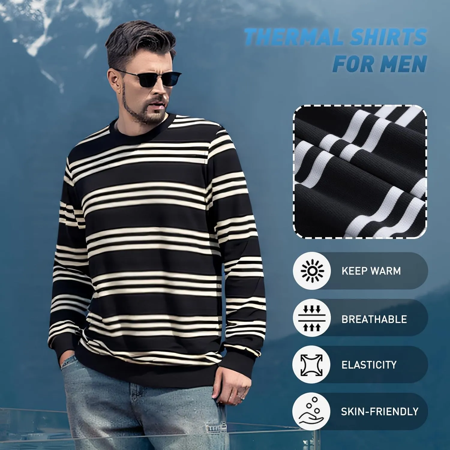 Men's Striped Long Sleeved T-Shirt, Casual Round Neck Long Sleeved Top, Regular-Fit Daily Striped T-Shirt Basic Style