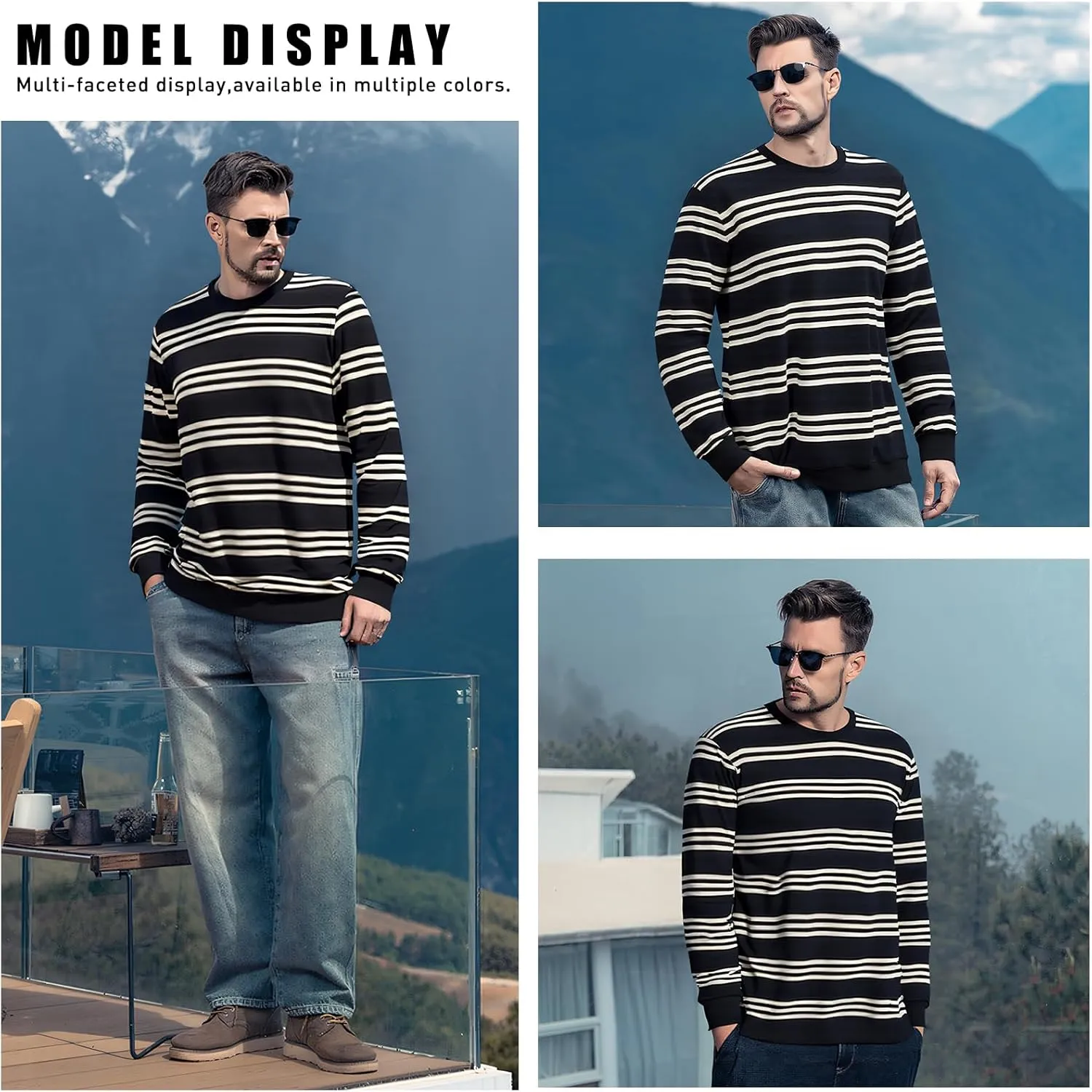 Men's Striped Long Sleeved T-Shirt, Casual Round Neck Long Sleeved Top, Regular-Fit Daily Striped T-Shirt Basic Style