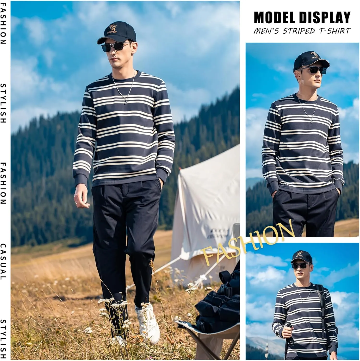 Men's Striped Long Sleeved T-Shirt, Casual Round Neck Long Sleeved Top, Regular-Fit Daily Striped T-Shirt Basic Style