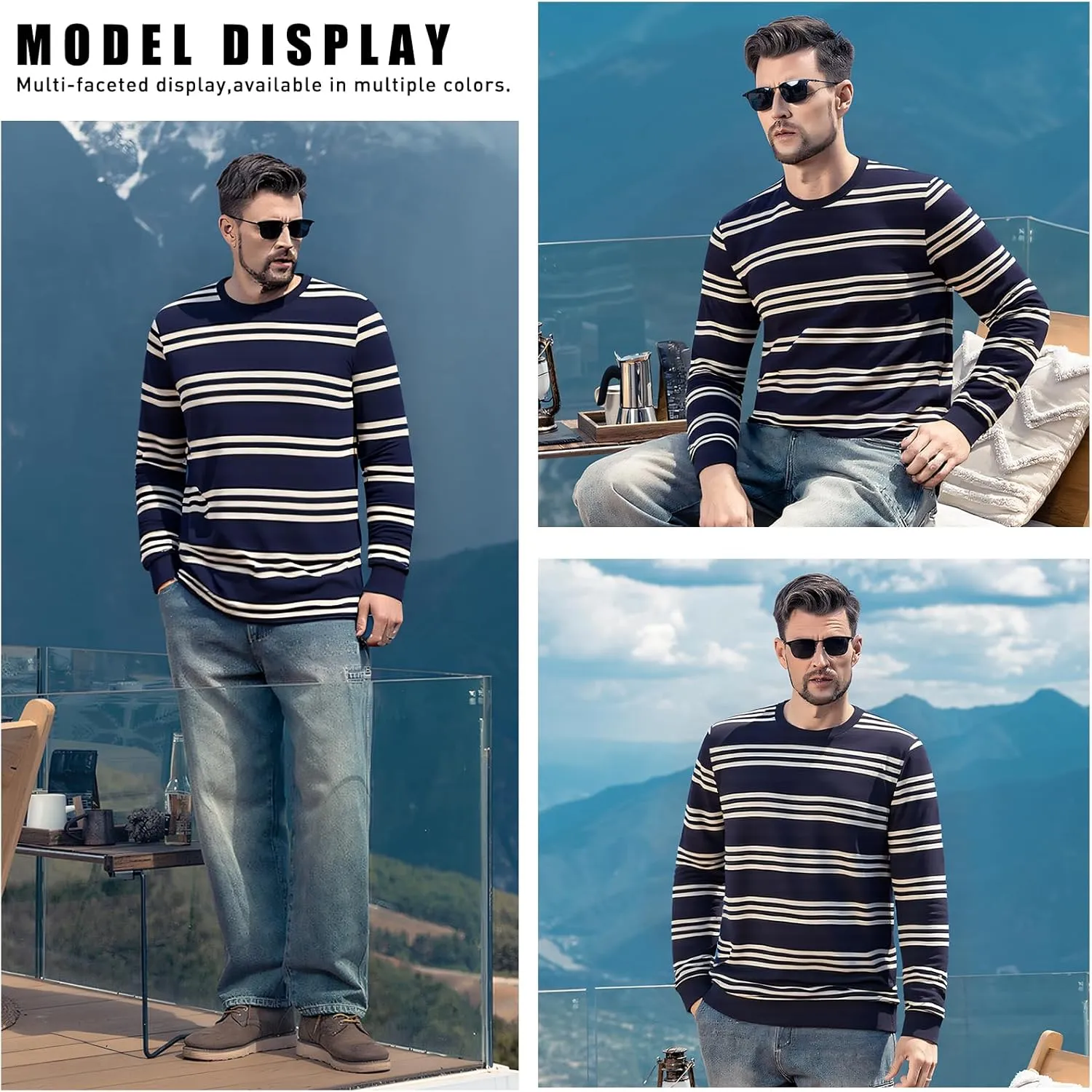 Men's Striped Long Sleeved T-Shirt, Casual Round Neck Long Sleeved Top, Regular-Fit Daily Striped T-Shirt Basic Style