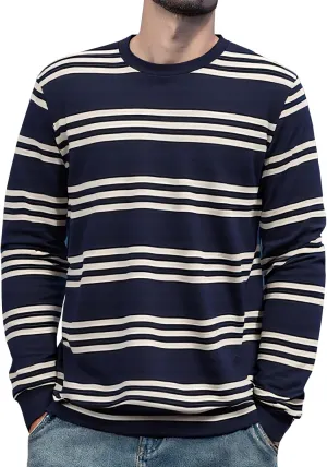 Men's Striped Long Sleeved T-Shirt, Casual Round Neck Long Sleeved Top, Regular-Fit Daily Striped T-Shirt Basic Style