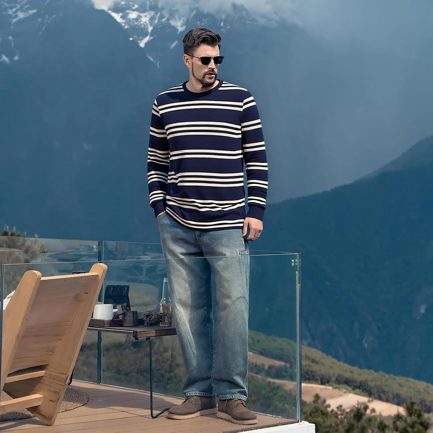 Men's Striped Long Sleeved T-Shirt, Casual Round Neck Long Sleeved Top, Regular-Fit Daily Striped T-Shirt Basic Style