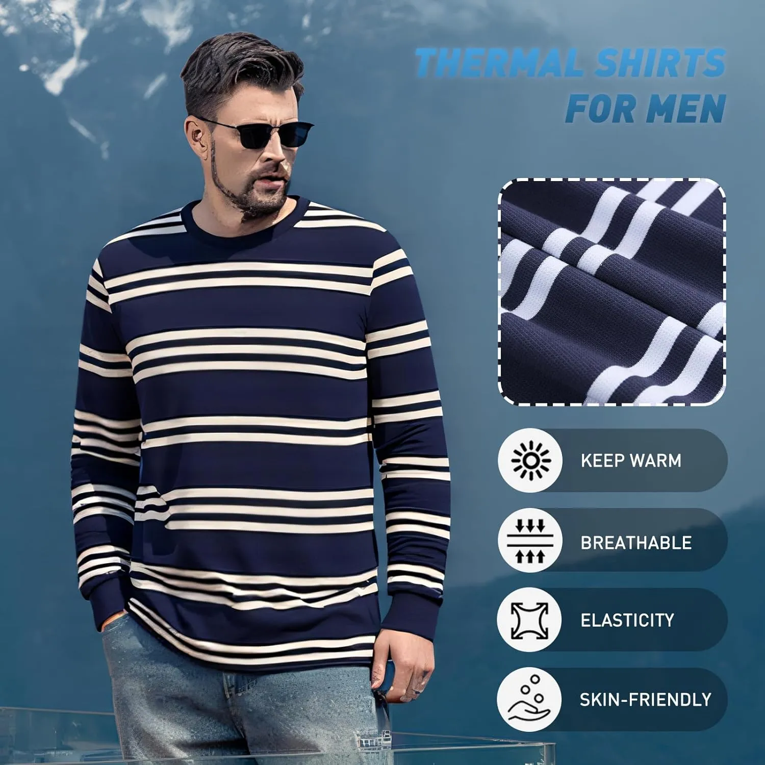 Men's Striped Long Sleeved T-Shirt, Casual Round Neck Long Sleeved Top, Regular-Fit Daily Striped T-Shirt Basic Style