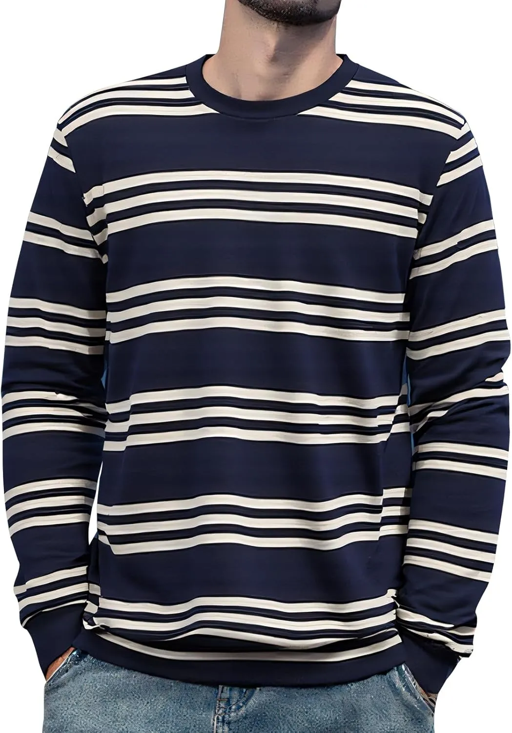 Men's Striped Long Sleeved T-Shirt, Casual Round Neck Long Sleeved Top, Regular-Fit Daily Striped T-Shirt Basic Style
