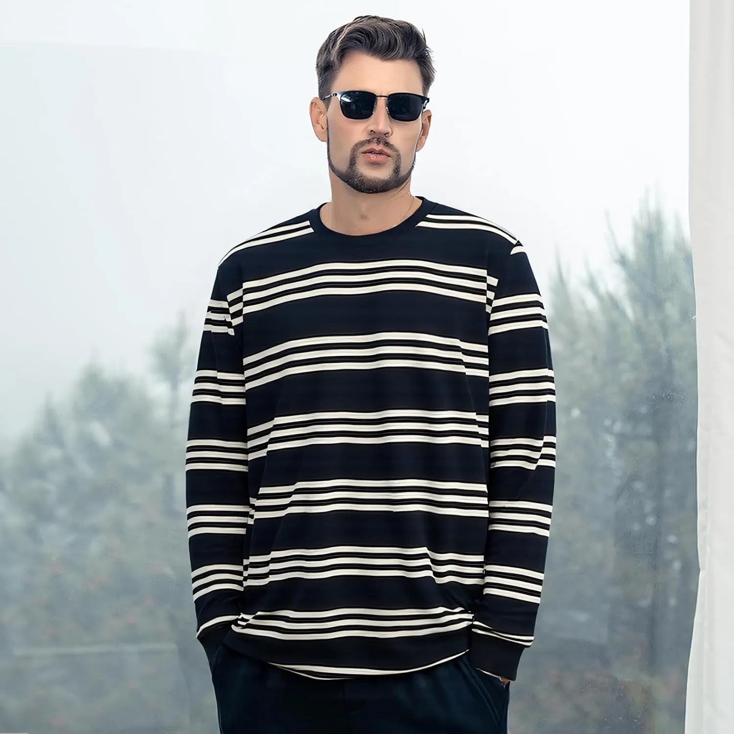 Men's Striped Long Sleeved T-Shirt, Casual Round Neck Long Sleeved Top, Regular-Fit Daily Striped T-Shirt Basic Style