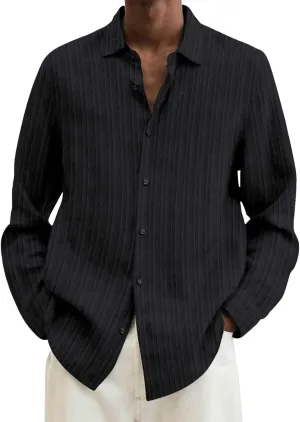Men's Striped Oxford Shirts Summer Long Sleeve Button Cuban Guayabera Shirt Lightweight Quick Dry Leisure Beach Tops