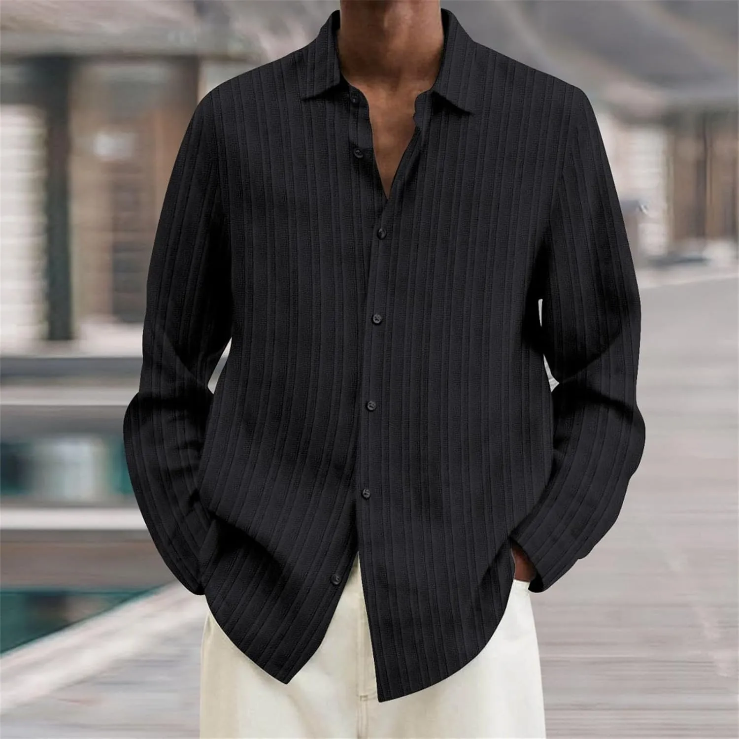 Men's Striped Oxford Shirts Summer Long Sleeve Button Cuban Guayabera Shirt Lightweight Quick Dry Leisure Beach Tops