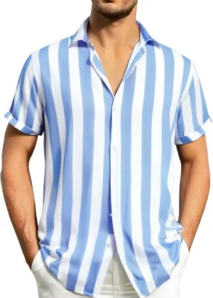 Men's Summer Striped Shirts Trendy Button Down Short Sleeve Hawaiian Beach Shirt Thin Checked Gingham Dress Blouses