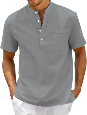 Mens T-Shirts Casual Linen Shirts for Men Summer Henely Tops Regular Fit Workout Short Sleeve Man Beach Tee Pockets