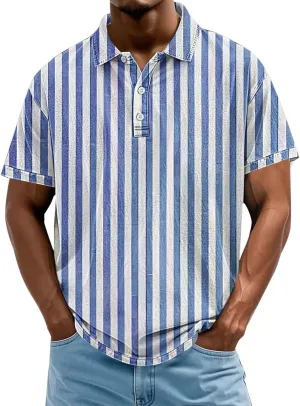 Mens Vertical Striped Polo Shirts Summer Color Block Tshirt Plus Size V Neck Tee Short Sleeve Vintage Collar Tops