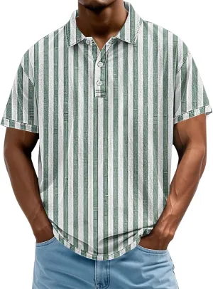 Mens Vertical Striped Polo Shirts Summer Color Block Tshirt Plus Size V Neck Tee Short Sleeve Vintage Collar Tops
