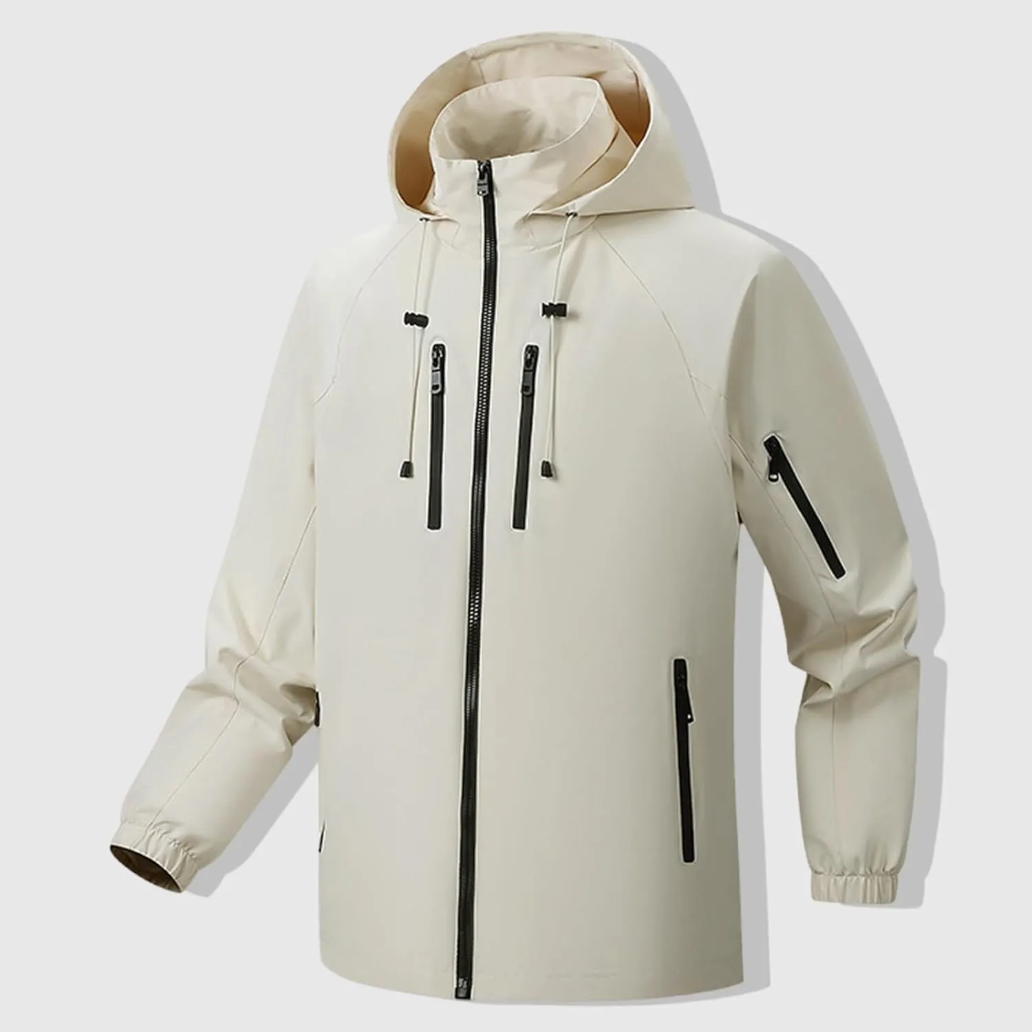 Men's Windbreaker Hooded Rain Jacket Outdoor Sports Fall Fashion Zipper Pocket Long Sleeves Hiking Raincoat Outwear