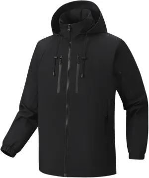 Men's Windbreaker Hooded Rain Jacket Outdoor Sports Fall Fashion Zipper Pocket Long Sleeves Hiking Raincoat Outwear