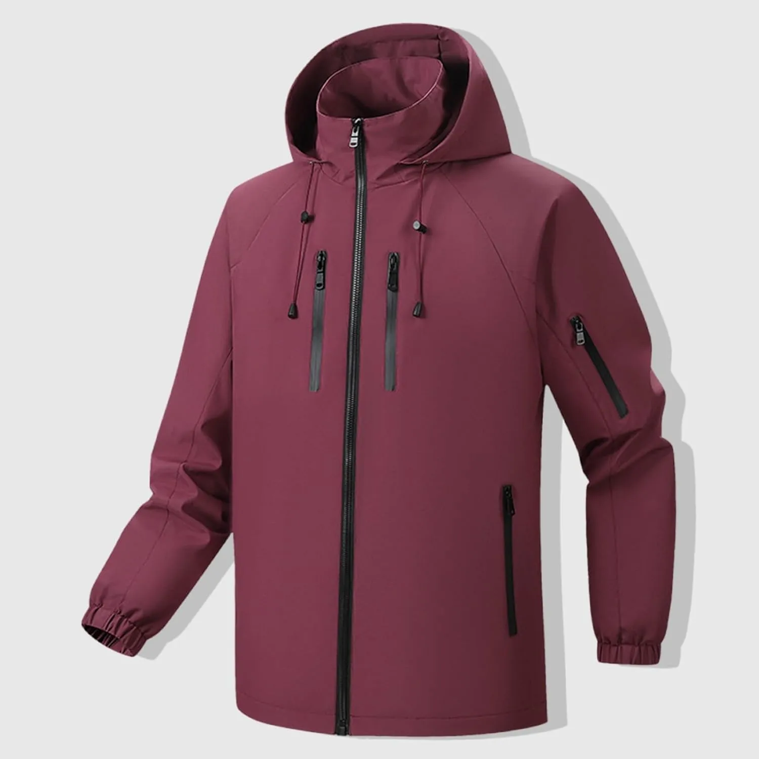Men's Windbreaker Hooded Rain Jacket Outdoor Sports Fall Fashion Zipper Pocket Long Sleeves Hiking Raincoat Outwear