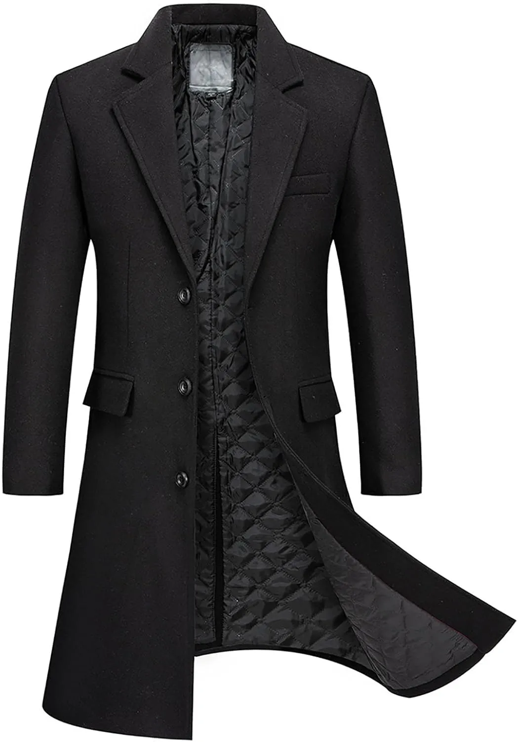 Mens Wool Blend Trench Coat Single Breasted Notch Lapel Walker Mid-Length Classic Pea Top Coats Winter Warm Comfy Overcoats