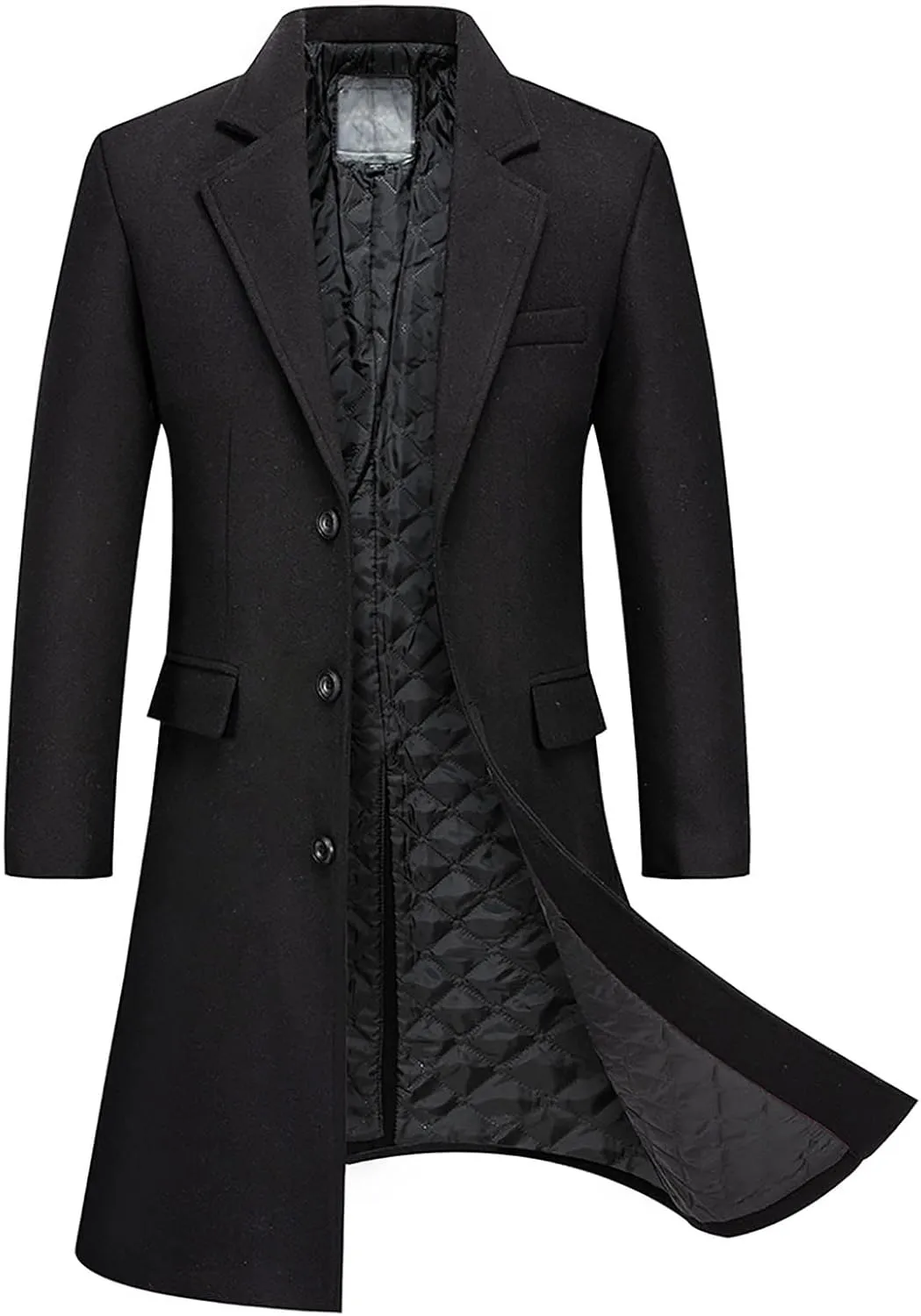 Mens Wool Blend Trench Coat Single Breasted Notch Lapel Walker Mid-Length Classic Pea Top Coats Winter Warm Comfy Overcoats