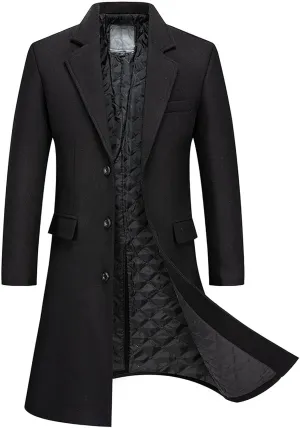 Mens Wool Blend Trench Coat Single Breasted Notch Lapel Walker Mid-Length Classic Pea Top Coats Winter Warm Comfy Overcoats