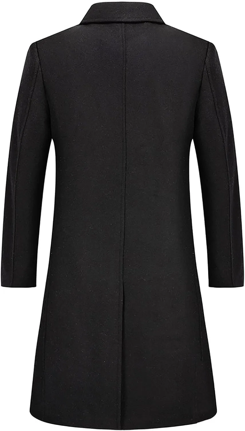 Mens Wool Blend Trench Coat Single Breasted Notch Lapel Walker Mid-Length Classic Pea Top Coats Winter Warm Comfy Overcoats
