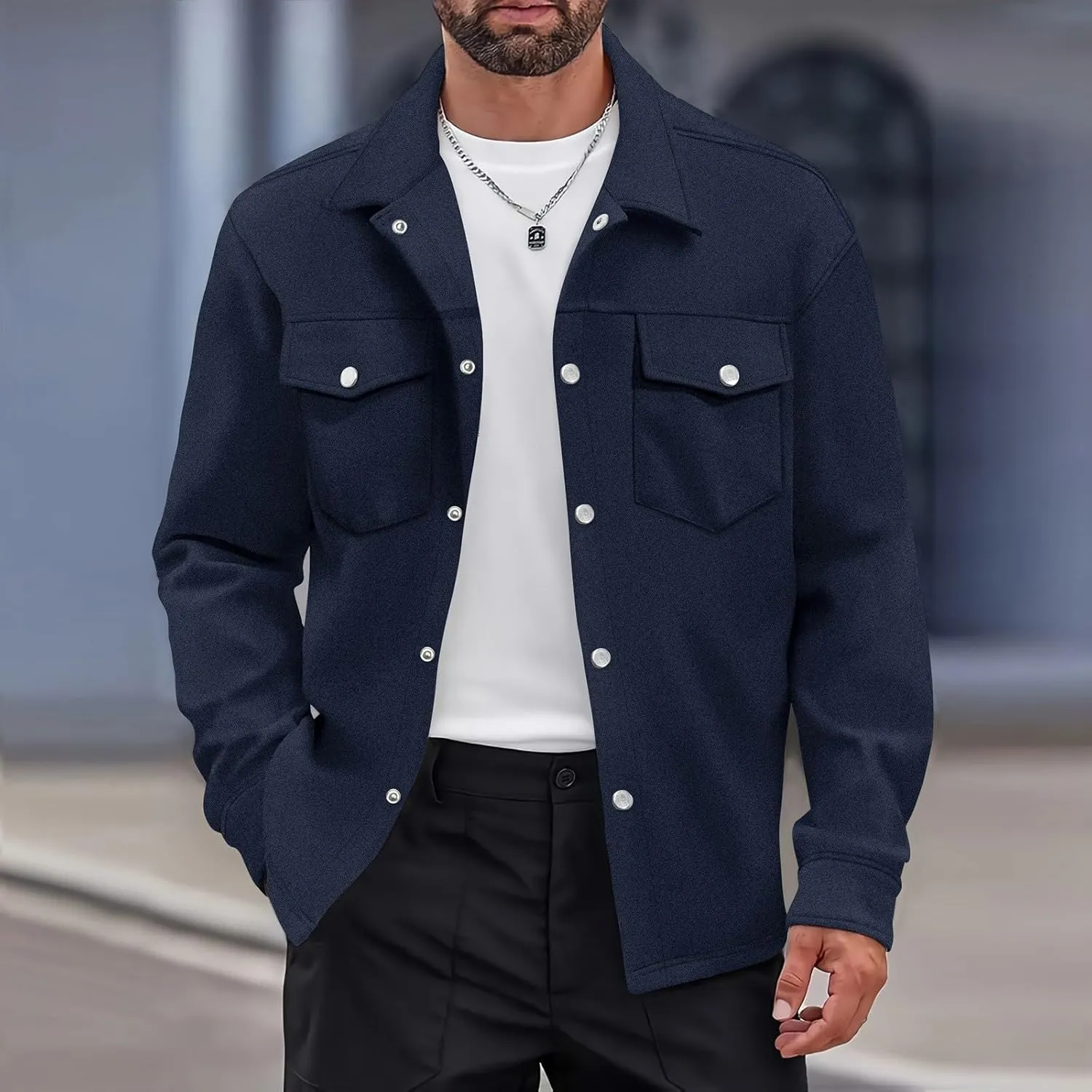 Mens Work Shirt Jackets Casual Lightweight Button Down Cargo Jackets with Flap Pockets Slim Fit Overshirt Shackets