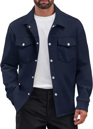 Mens Work Shirt Jackets Casual Lightweight Button Down Cargo Jackets with Flap Pockets Slim Fit Overshirt Shackets