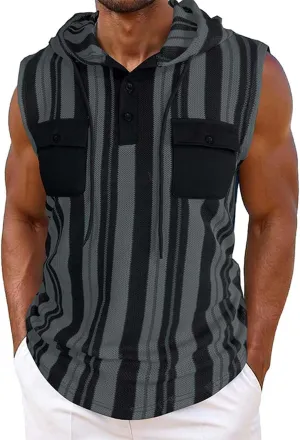 Mens Workout Hoodies Tank Tops Casual Athletic Striped Gym Bodybuilding Muscle Cut Off Shirts Sport Active Tee Tops