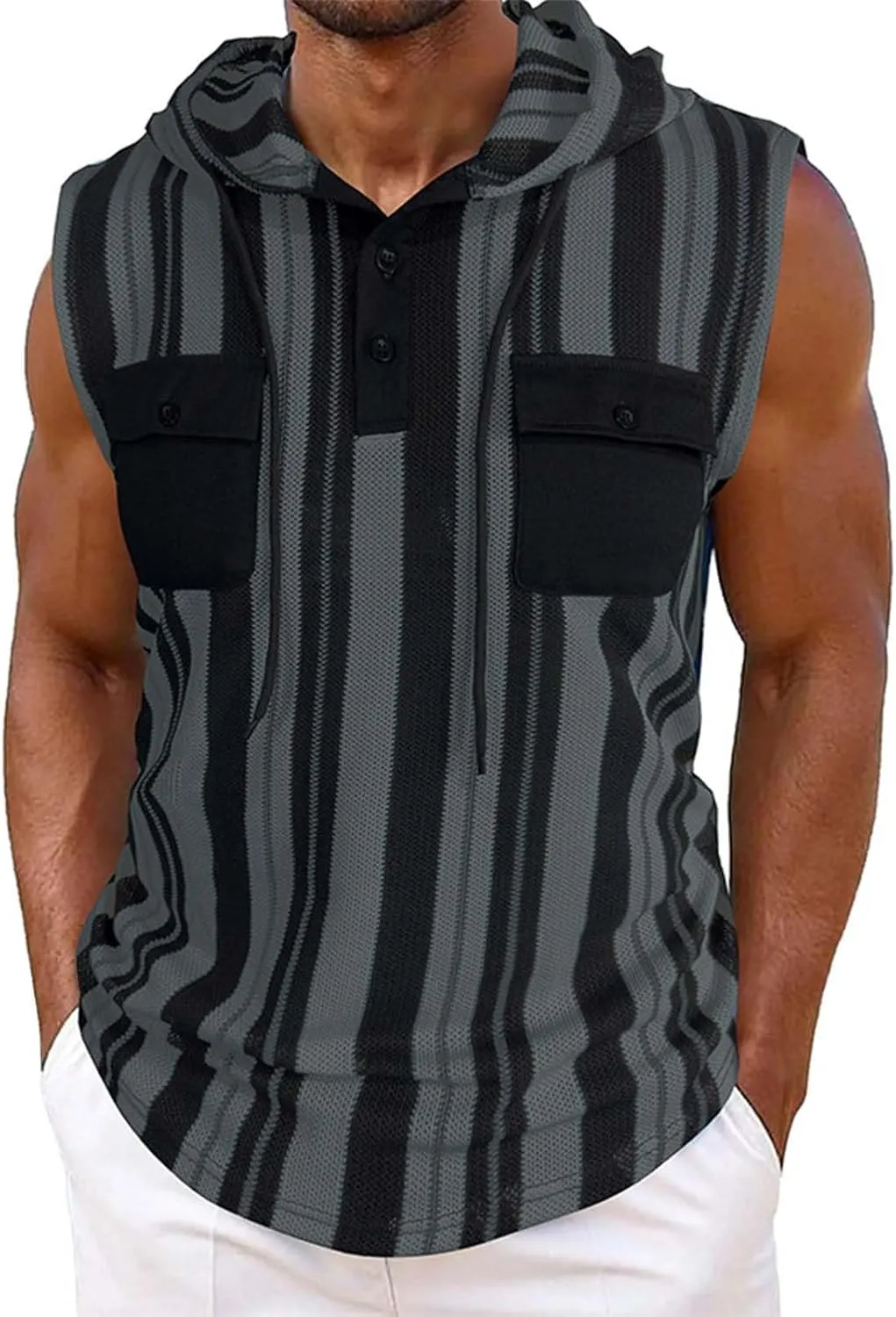 Mens Workout Hoodies Tank Tops Casual Athletic Striped Gym Bodybuilding Muscle Cut Off Shirts Sport Active Tee Tops
