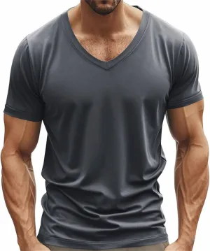 Men's Workout Shirts Stretch Slim V Neck Bodybuilding T-Shirts Athletic Gym Short Sleeve Tee Tops Hipster Muscle Shirt