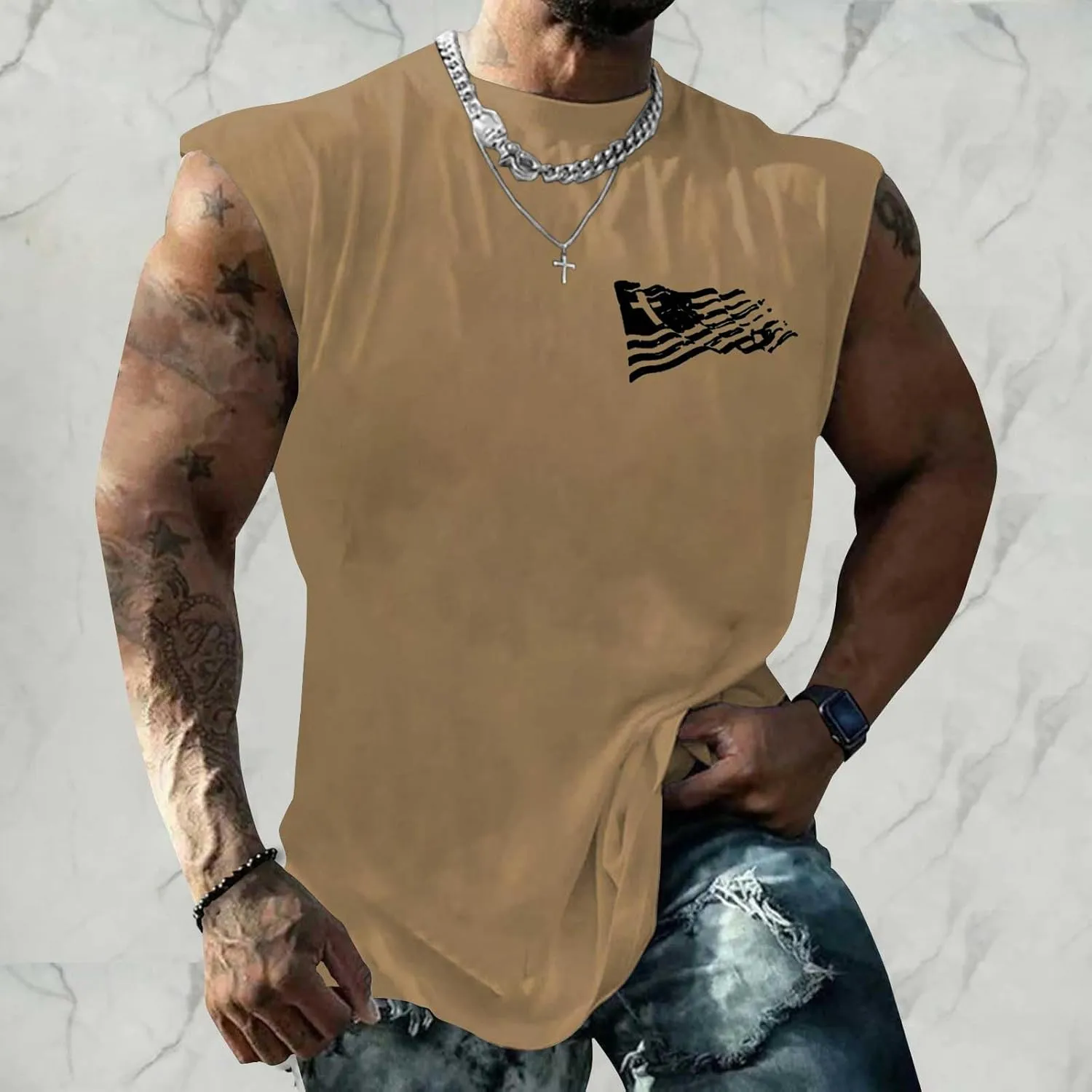 Men's Workout Tank Tops Trendy USA Flag Patriotic Print Sleeveless Shirts Athletic Quick Dry Fitness Sport Undershirts