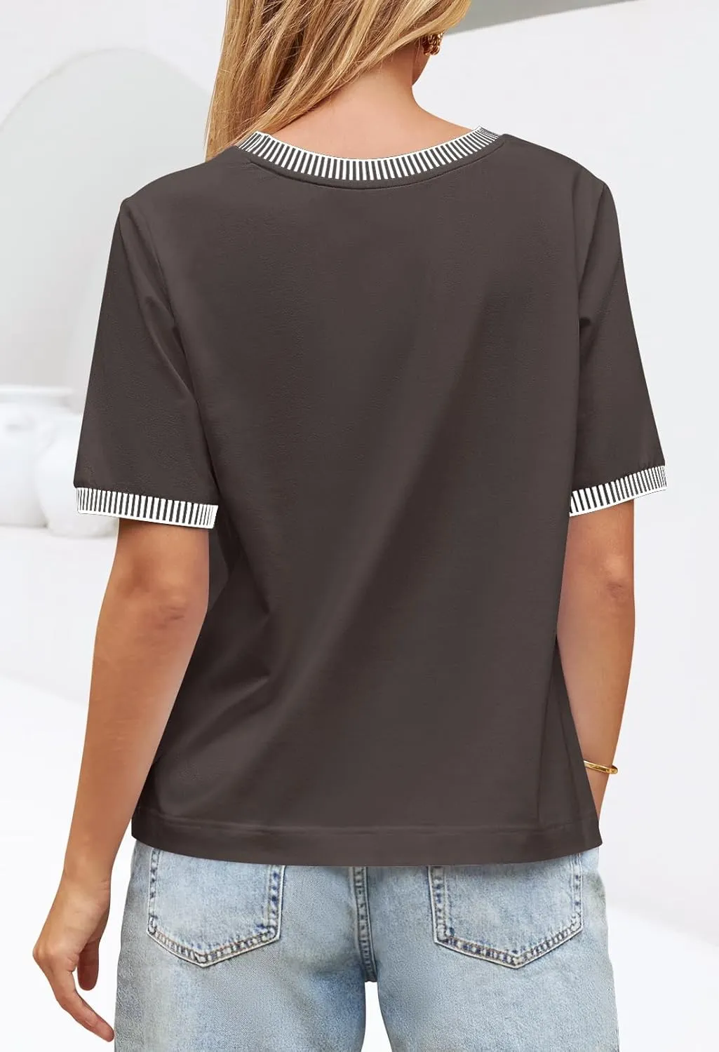 MEROKEETY Women's 2025 Short Sleeve Striped Color Block T Shirts Crewneck Loose Casual Tee Tops