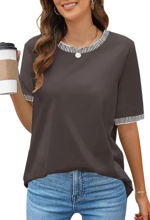 MEROKEETY Women's 2025 Short Sleeve Striped Color Block T Shirts Crewneck Loose Casual Tee Tops