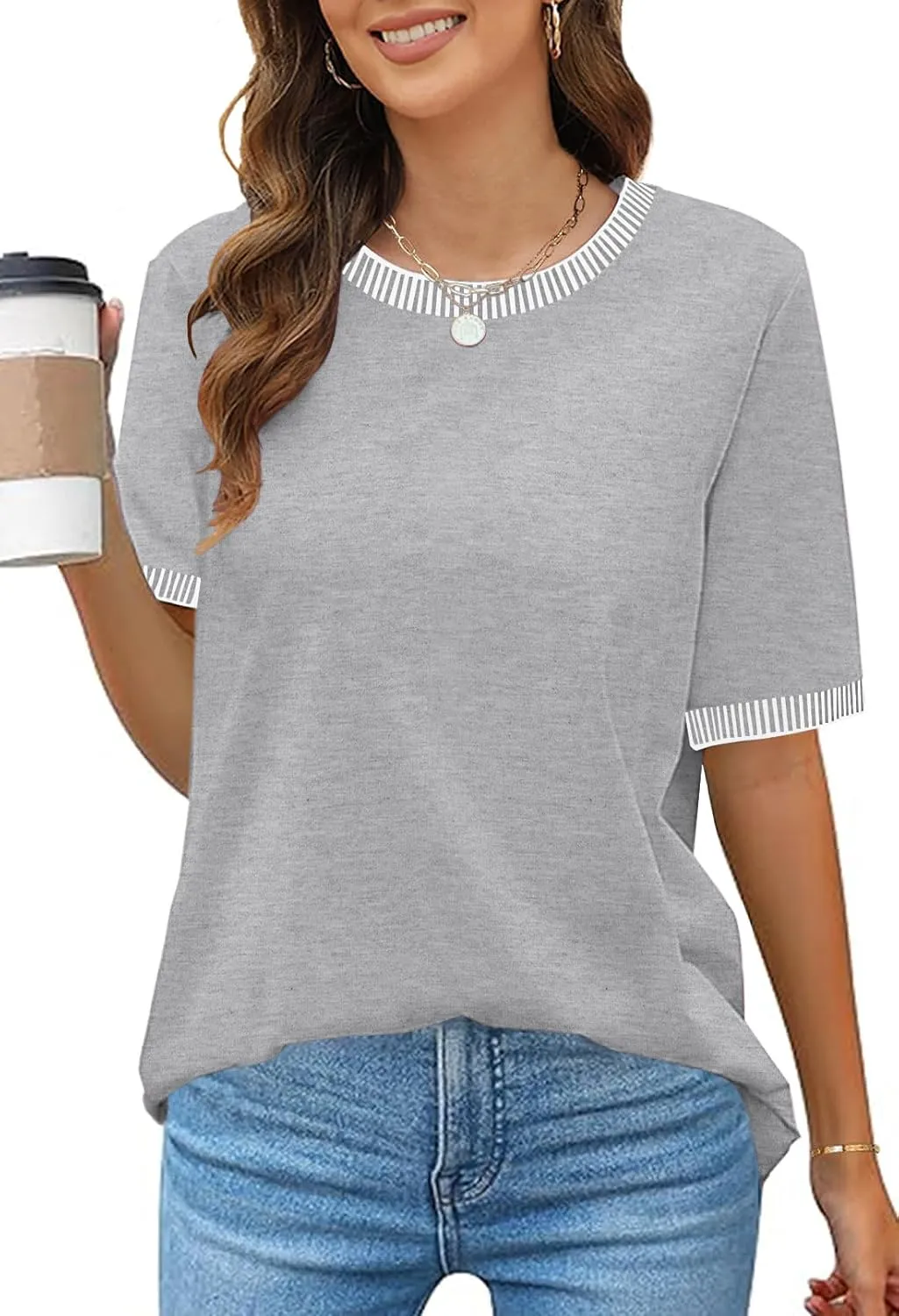 MEROKEETY Women's 2025 Short Sleeve Striped Color Block T Shirts Crewneck Loose Casual Tee Tops