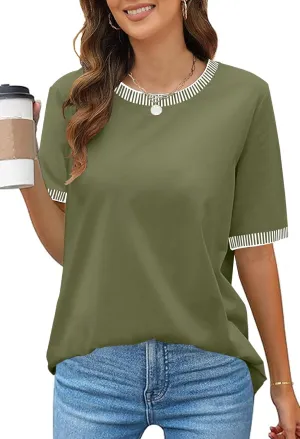 MEROKEETY Women's 2025 Short Sleeve Striped Color Block T Shirts Crewneck Loose Casual Tee Tops