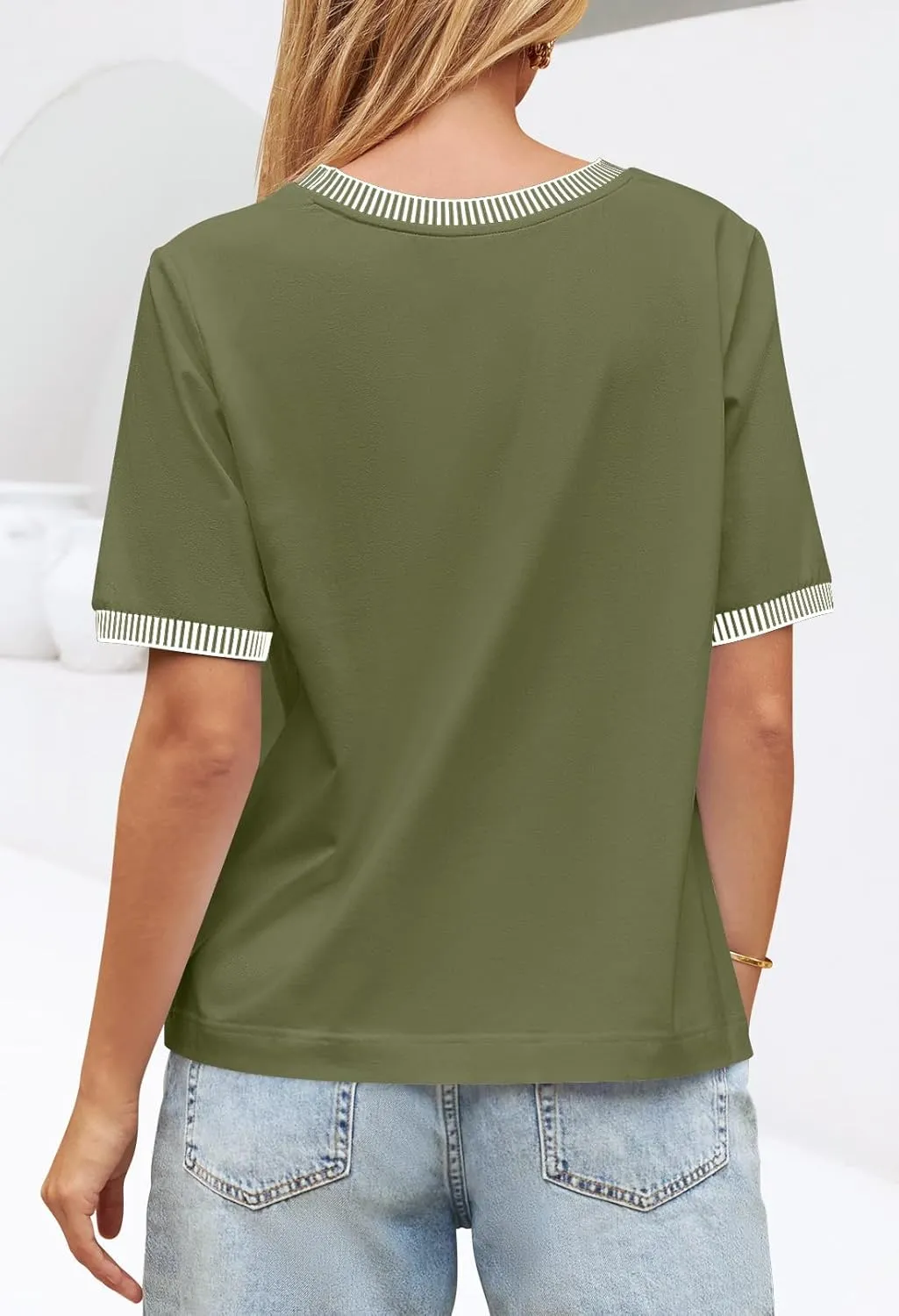 MEROKEETY Women's 2025 Short Sleeve Striped Color Block T Shirts Crewneck Loose Casual Tee Tops
