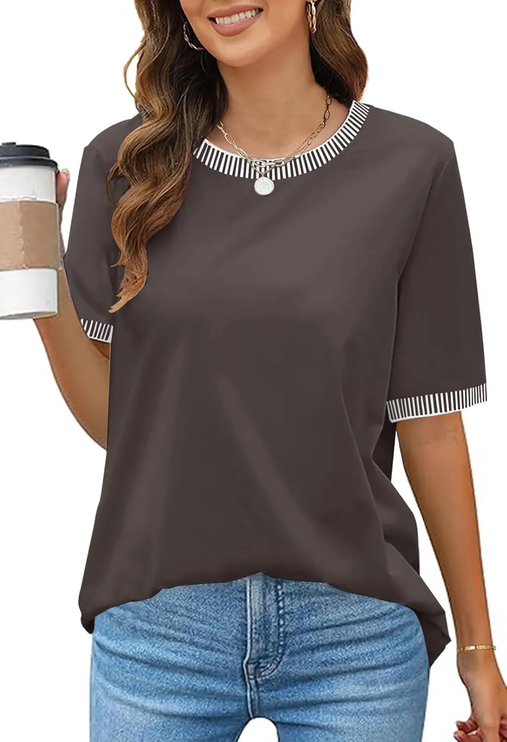 MEROKEETY Women's 2025 Short Sleeve Striped Color Block T Shirts Crewneck Loose Casual Tee Tops