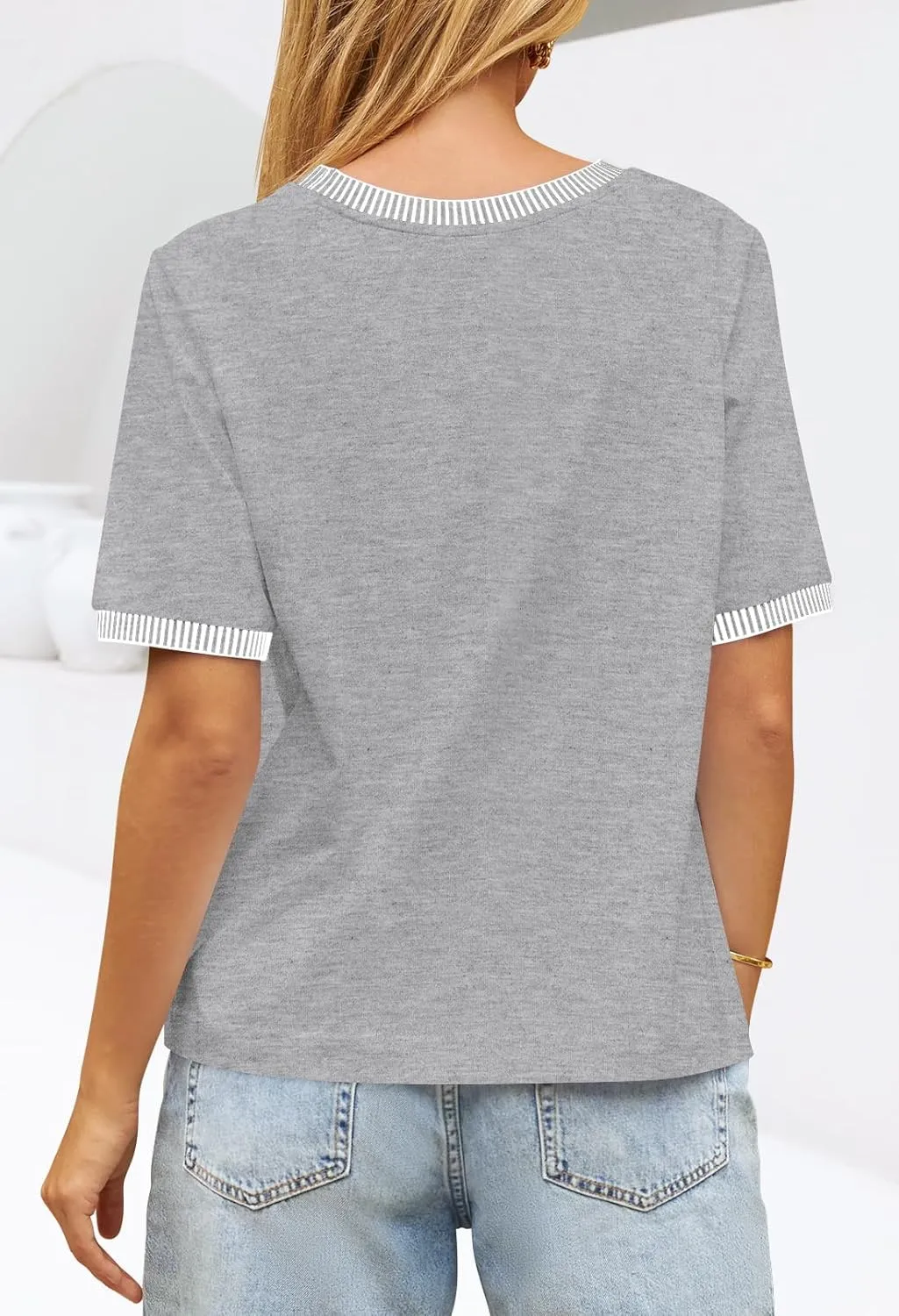 MEROKEETY Women's 2025 Short Sleeve Striped Color Block T Shirts Crewneck Loose Casual Tee Tops