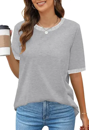 MEROKEETY Women's 2025 Short Sleeve Striped Color Block T Shirts Crewneck Loose Casual Tee Tops